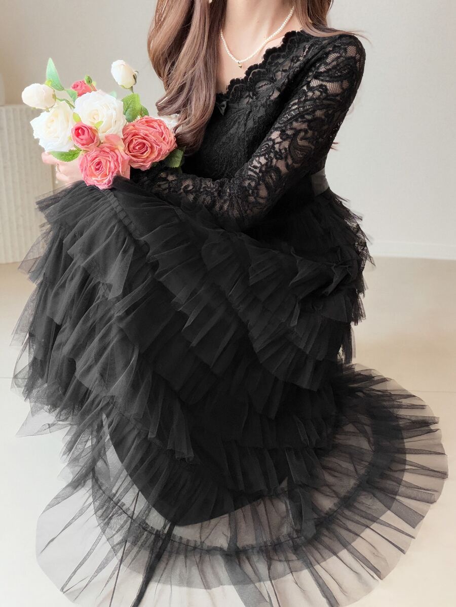 FRIFUL Women's Lace Mesh Patchwork Casual Party Midi Dress - Black - View 1