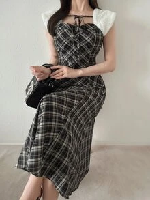 FRIFUL Women's Vacation Plaid Tie-Up Korean Style Dress - Black - View 8