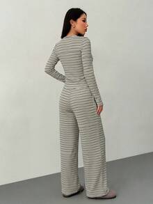 SHEIN PETITE 2件組女款休閒條紋前開鈕扣長袖上衣與寬腿褲套裝，春夏款 - 軍綠色 - 查看 2