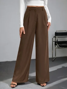 SHEIN Tall 女款黑色高腰寬腿長褲，優雅商務休閒工作西裝褲，高挑百搭純色秋冬款老錢風正裝褲 - Volcanic Gray - 查看 9