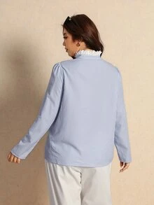 Elaquor Plus Size Women's Striped Casual Daily Wear Shirt - Blue and White - View 2