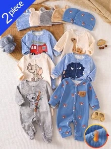 SHEIN Newborn Beige Bear Pattern Long Sleeve Long Pants Romper & Hat Set - Dusty Blue - View 8