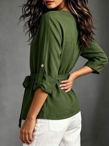 EMERY ROSE Women's Vintage Cinched Waist Casual Commute Long Sleeve Round Neck Blouse - Green - View 2