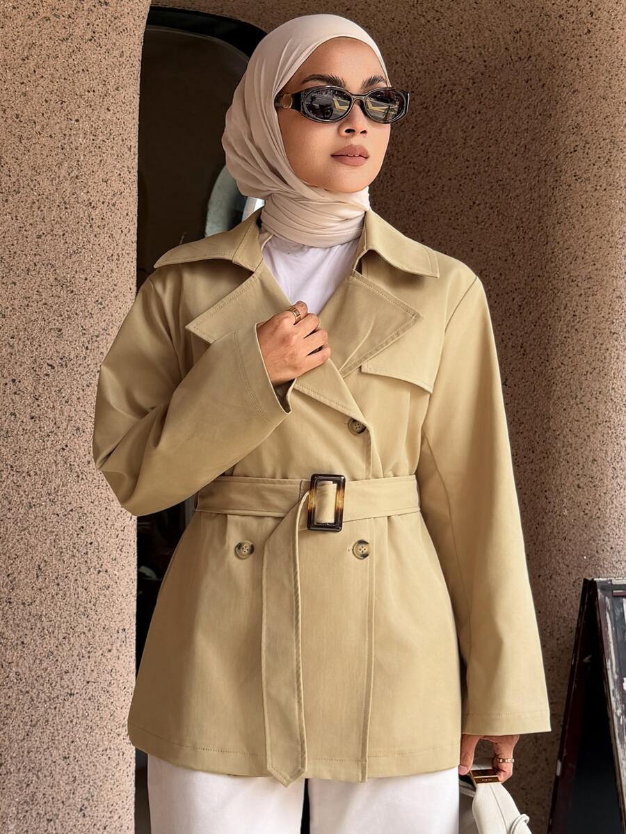 DAZY Women's Fashion Button Long Sleeve Lapel Trench Coat - Khaki - View 1