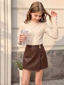 SHEIN 2件組女童休閒假領長袖T恤與PU皮革裙褲套裝，秋冬鈕扣裝飾時尚穿搭 - 杏色 - 查看 6