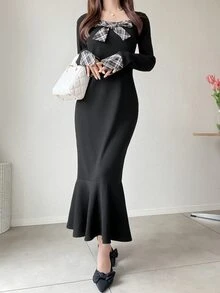 FRIFUL Women's Patchwork Plaid Bow Decor Long Sleeve Elegant Dress - Black - View 2
