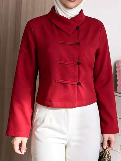 Celisse Veste rouge à col asymétrique et boutons pour femmes, style élégant de navetteur pour l'automne/l'hiver