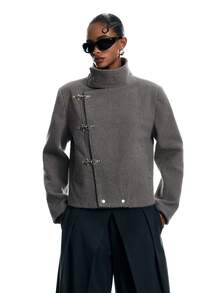 LYSMO Women's Solid Color Stand Collar Double Pocket Autumn/Winter Fashion Versatile Jacket With Airplane Buckle - Grey - View 9