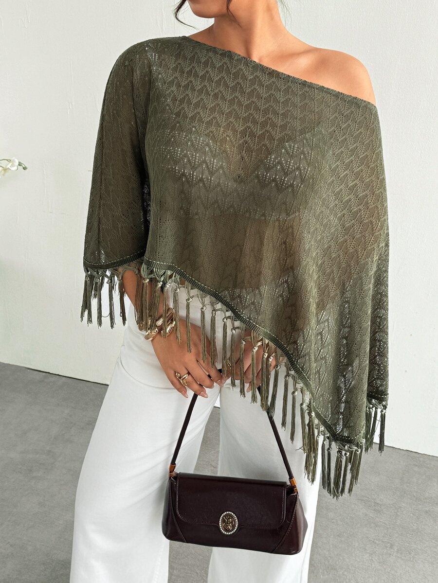 Firerie Plus Size Women's Hollow Out Asymmetrical Shoulder Tassel Hem Knit Top - Dark Green - View 1