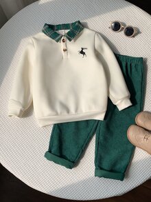 SHEIN 2件組兒童小男孩秋冬休閒衛衣褲套裝，衛衣套裝，男孩套裝，秋冬套裝，聖誕套裝，綠色套裝 - 彩色 - 查看 3