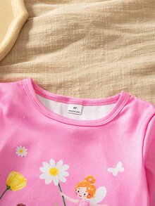 SHEIN 秋冬款女童幼兒針織圓領薄款可愛夢幻仙氣卡通圖案玫瑰紅小圓點拼接褲仙靈俏皮數位印花 4 件套長袖長褲修身舒適柔軟面料女童睡衣家居服 - 粉色 - 查看 4