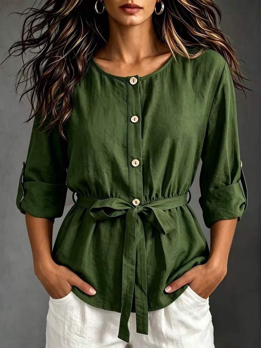 EMERY ROSE Women's Vintage Cinched Waist Casual Commute Long Sleeve Round Neck Blouse - Green - View 1
