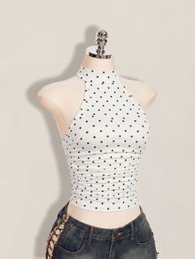 SHEIN ICON 女款波點印花修身休閒掛脖背心 - 白色 - 查看 10