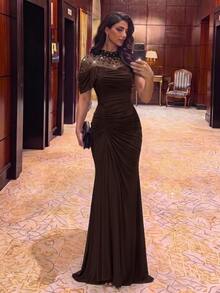 Aureia Elegant Formal Luxurious Beaded Diamond Sheer Patchwork Elastic Knit Mesh Ruched Sleeve Mermaid Dress For Wedding Prom Gala Dinner New Year Fall - Brown - View 3
