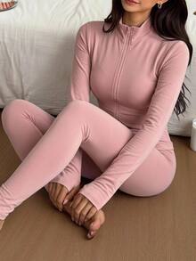 SHEIN EZwear 秋冬抓絨內裡拉鍊夾克與內搭褲休閒兩件套 - 粉色 - 查看 3