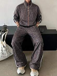 DAZY Spring/Autumn Brown Leopard Print Side Seam Contrast Webbing Streetwear Elastic Waist Pants & Jacket Set For Men - Brown - View 1