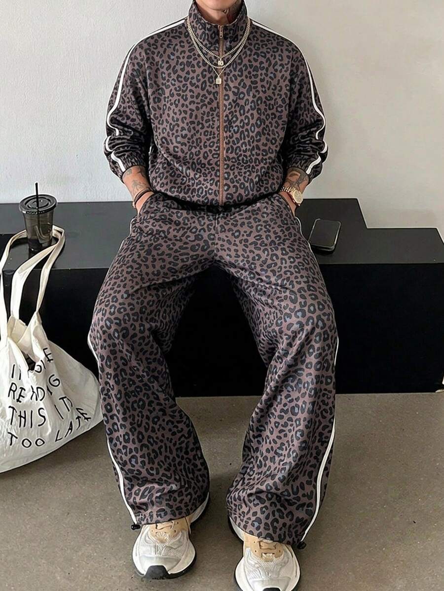 DAZY Spring/Autumn Brown Leopard Print Side Seam Contrast Webbing Streetwear Elastic Waist Pants & Jacket Set For Men - Brown - View 1