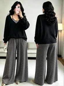 SHEIN LUNE CURVE 大尺碼女款針織純色T恤、條紋修身抽繩裝飾背心、優雅休閒通勤日常外出長褲三件套 秋季 - 黑與白 - 查看 1
