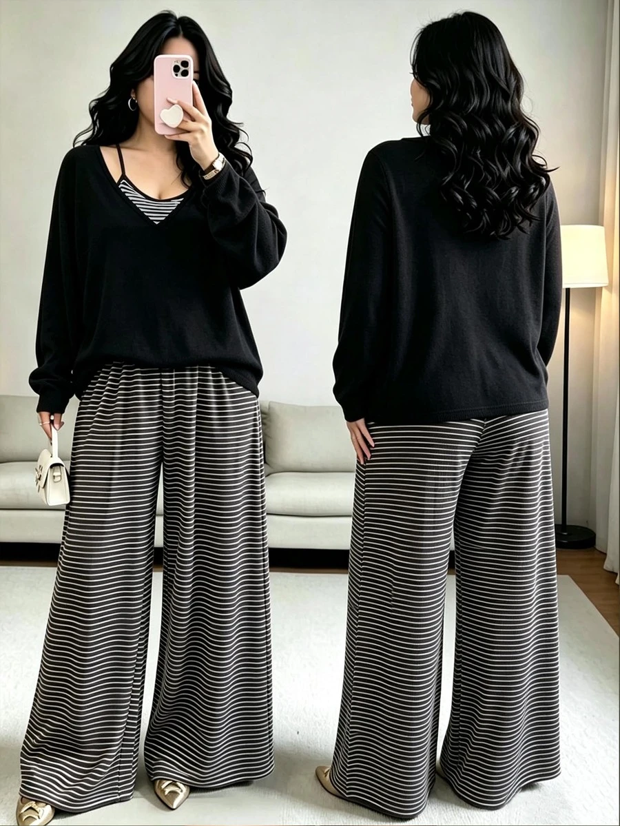 SHEIN LUNE CURVE 大尺碼女款針織純色T恤、條紋修身抽繩裝飾背心、優雅休閒通勤日常外出長褲三件套 秋季 - 黑與白 - 查看 1
