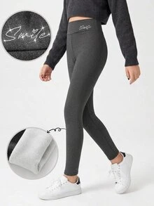 SHEIN 青少年女孩緊身褲，保暖內裡緊身長褲，適合日常穿著、戶外運動、瑜伽、慢跑 - 深灰色 - 查看 4