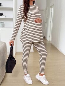 SHEIN 孕婦條紋圖案圓領上衣與長褲時尚休閒兩件套 - 咖啡棕 - 查看 3