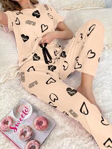 SHEIN Casual Underwear&Sleepwear 女款愛心印花圓領短袖上衣與長褲睡衣套裝 2件組 舒適可愛女款睡衣 - 彩色 - 查看 1