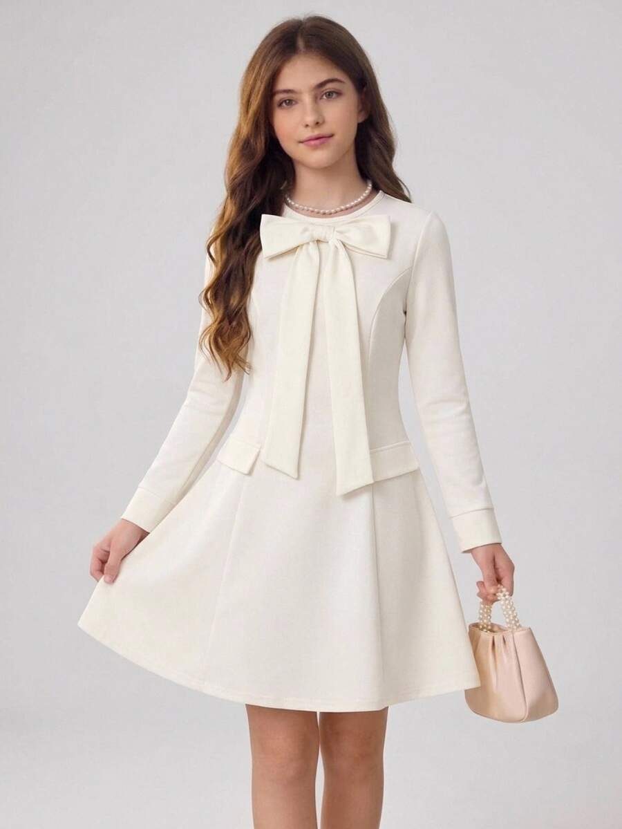 Girlism Vestido casual de verano diario con decoración de lazo para niña preadolescente - Beis - Ver 1