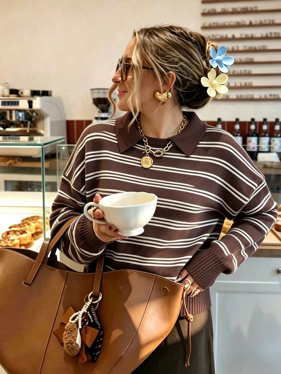 INAWLY Commuter Business Versatile Daily Date Office Henley Collar Striped Layered Neck Pullover Sweater - Coffee Brown - View 1