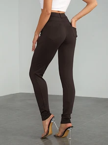 SHEIN Tall 女款純色高腰口袋修身休閒長褲 - 棕色 - 查看 2