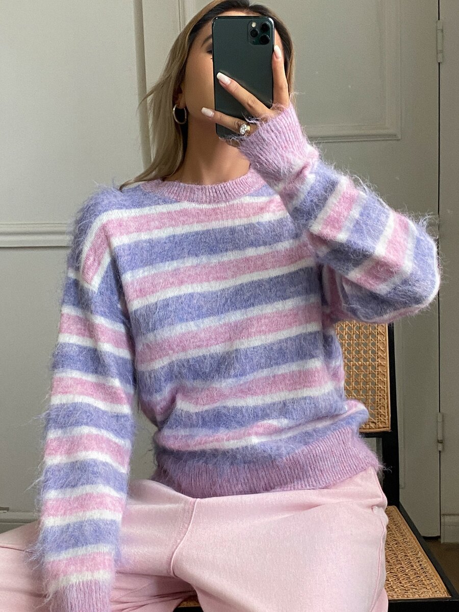 Livesso Women's Light Pink Round Neck Long Sleeve Cable Knit Ribbed Slim Fit Casual Sweater, Fall/ Everyday - Pink - View 1