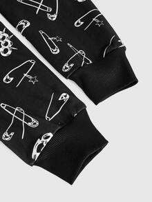 ROMWE Grunge Punk Punk Full Print Pin & Knuckle Duster Pattern Sweatshirt - Black - View 3