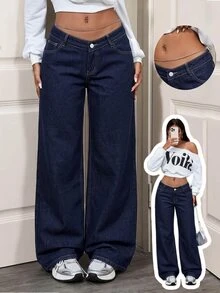 SHEIN Tall 女款低腰鈕扣口袋直筒牛仔褲 - 深色水洗藍 - 查看 1