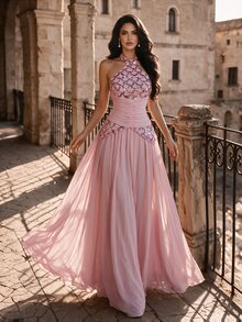 Coutiva Women's Glamorous Sequin Pleated Cinched Waist Halter Neck Formal Evening Gown - Pink - View 5