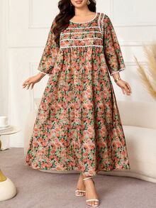 Lacomfia Plus Size Loose Fit Bamboo Linen Printed Fabric Dress With Patchwork Lace On Front Panel And Cuffs, Casual Style For Spring And Summer Daily Wear - Multicolor - View 6