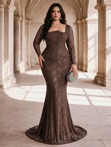 Coutiva Plus Size Women's Long Sleeve Rhinestone Decorated Lace High-End Evening Gown Luxury Dress - Coffee Brown - View 6