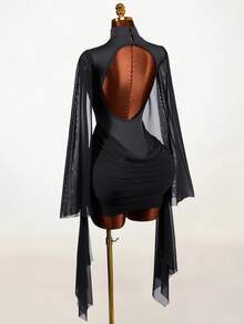Mistrie Women's Contrast Mesh Bell Sleeve Pleated Fashion Sexy Backless Dress - Black - View 2
