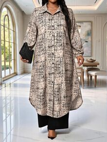 SHEIN Lady CURVE 大尺碼女款全印花長袖單排扣長襯衫與寬腿褲休閒兩件套 - 彩色 - 查看 5