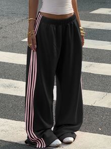 Muchica 女款黑色棉質針織寬腿運動褲，休閒極簡風，適合秋冬穿著 - 彩色 - 查看 4