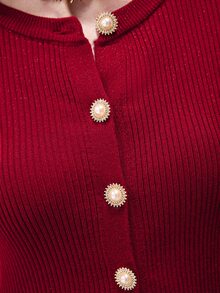 SHEIN Women's Cardigan Slim Fit Textured Knit Pearl Buttons Ruffle Cuffs Round Neck Elegant Red Solid Sweater Cardigan For Women Knit National Day - Burgundy - View 5