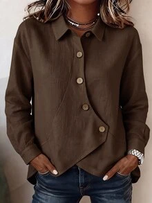 Zayélia French Style Asymmetrical Long Sleeve Shirt, Washed Textured Cotton Linen, Casual Commute Style, Misaligned Diagonal Collar With Contrast Color Wooden Buttons Design, Asymmetrical Hem, Loose Shoulder To Hide Body Shape, Versatile And Slimming - Brown - View 8