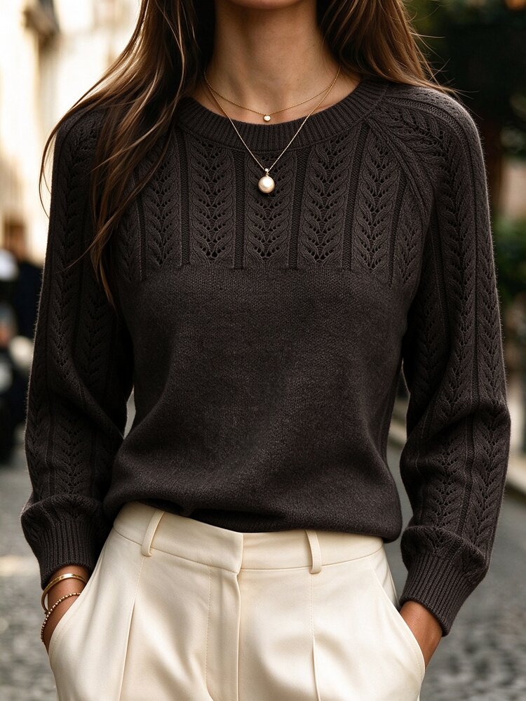 SHEIN Women's Solid Color Hollow Out Round Neck Long Sleeve Casual Pullover Sweater - Coffee Brown - View 7