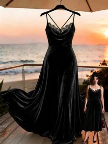 GlowEve CURVE Plus Size Women's Lace Patchwork Casual Party Spaghetti Strap Dress - Black - View 3