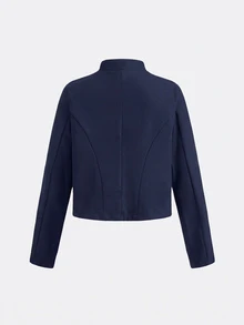 SHEIN 青少年女孩秋冬新款黑色優雅時尚鈕扣金屬立領短夾克派對外套 - 藍色 - 查看 2