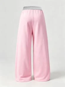 SHEIN 青少年女孩拼接腰部白色字母刺繡寬腿長褲 - 粉色 - 查看 5
