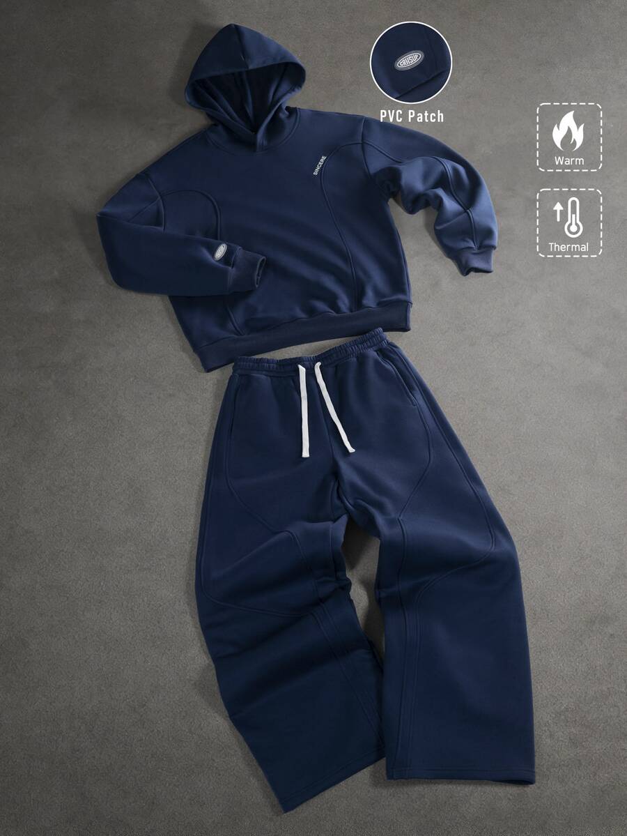 SLATEMANN Set Kasual Pria Denim dengan Motif Huruf, Hoodie dan Celana Jogging, - Biru - View 1