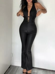 Jeanoix Y2K Women's Hollow Out Lace-Up Faux PU Coated Jumpsuit - Black - View 3