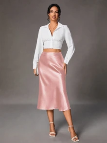 SHEIN Tall 女款純色高腰優雅魚尾裙 - 粉色 - 查看 3
