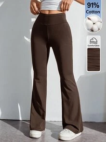 SHEIN PETITE 休閒運動風基礎百搭純色寬腰喇叭褲 開學季健身健身房運動穿搭 黑色 夏季 - 棕色 - 查看 7