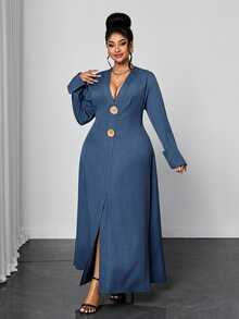 Maweii Plus Size Women's Casual Commute V-Neck Long Sleeve Large Button Decor Cinched Waist Dress Fall - Blue - View 3