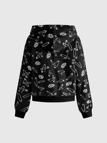ROMWE Grunge Punk Punk Full Print Pin & Knuckle Duster Pattern Sweatshirt - Black - View 2